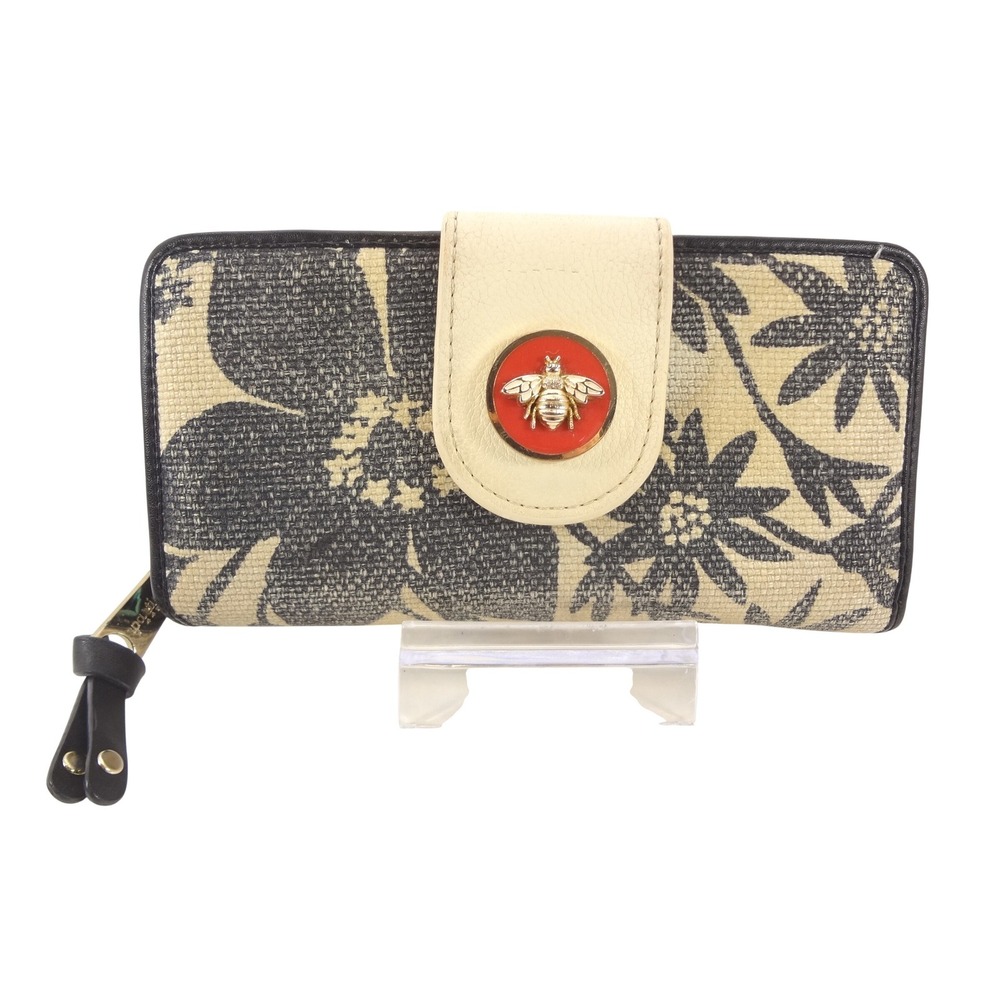 Spartina 449 Wallet Black Beige Floral Linen Leather Bee Detail Bifold